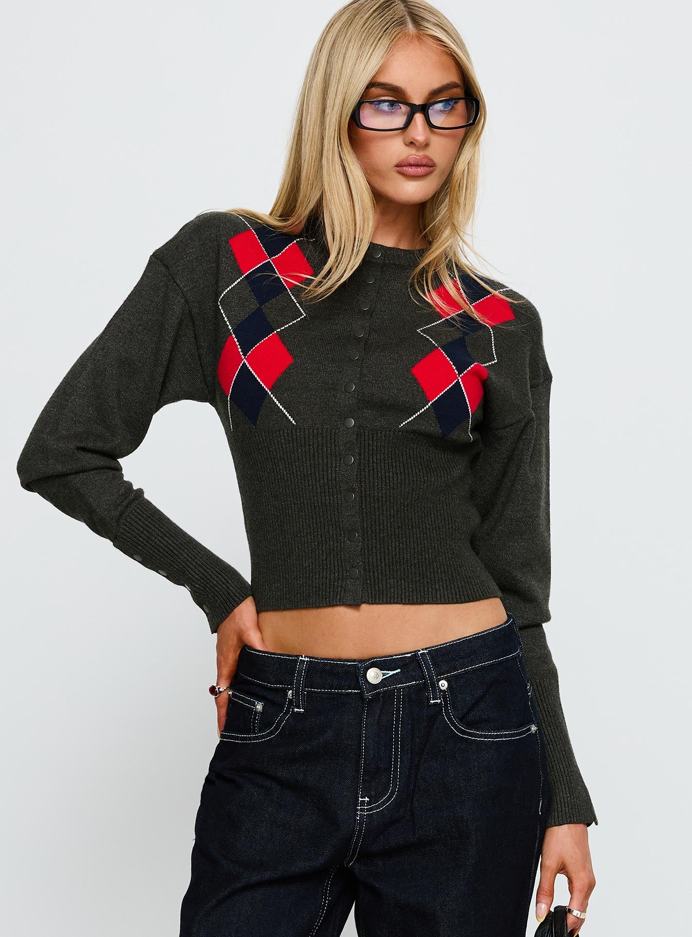 Head In The Clouds Knit Cardigan Grey Argyle - Image 2