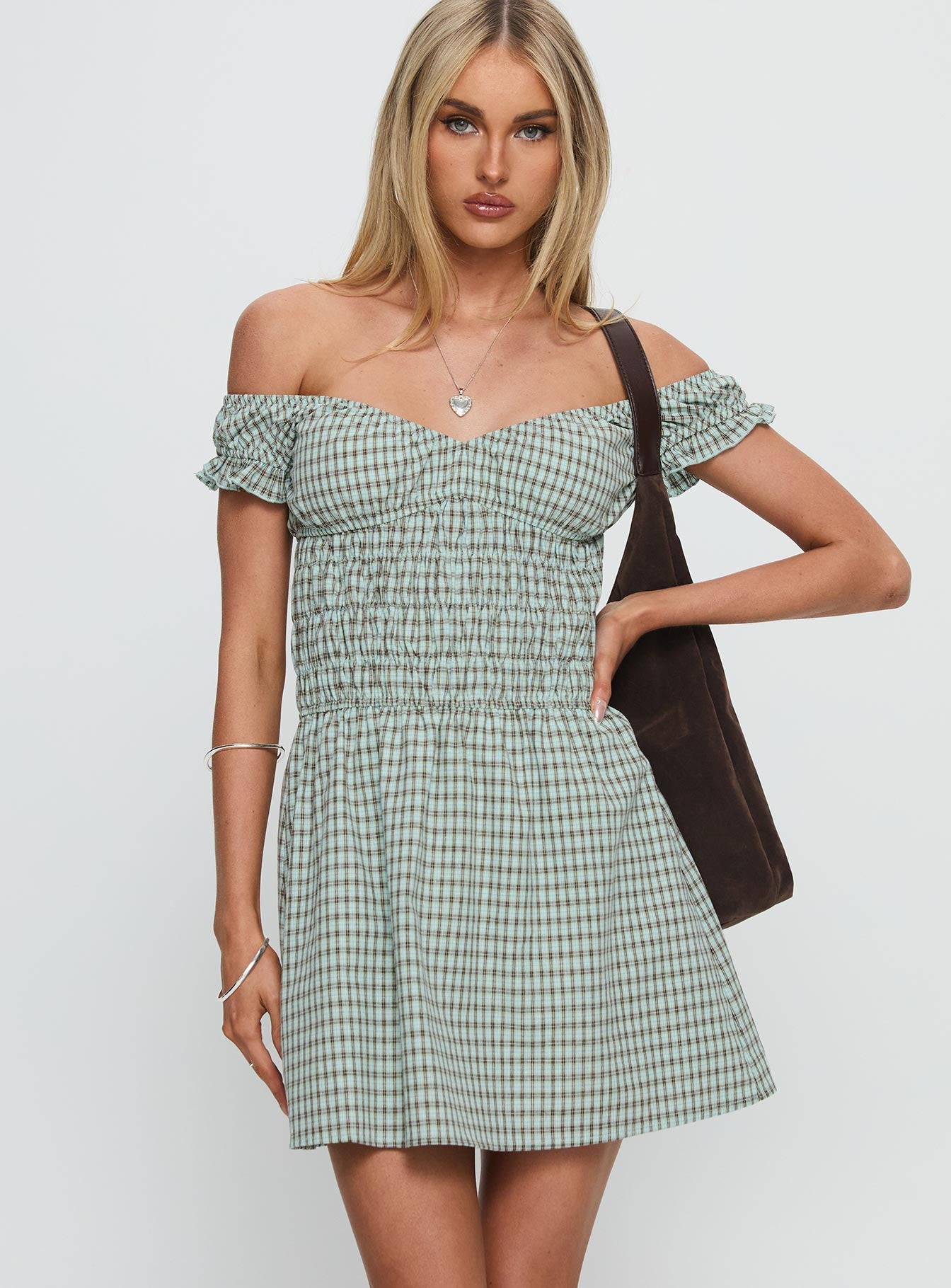 Olwen Ruched Romper Green Check - Image 2