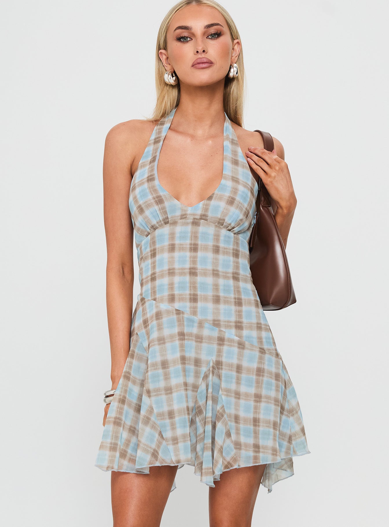 Valorie Halter Mini Dress Blue Check - Image 2