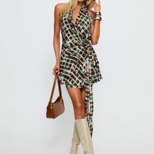 Brissa Halter Wrap Mini Dress Brown Multi