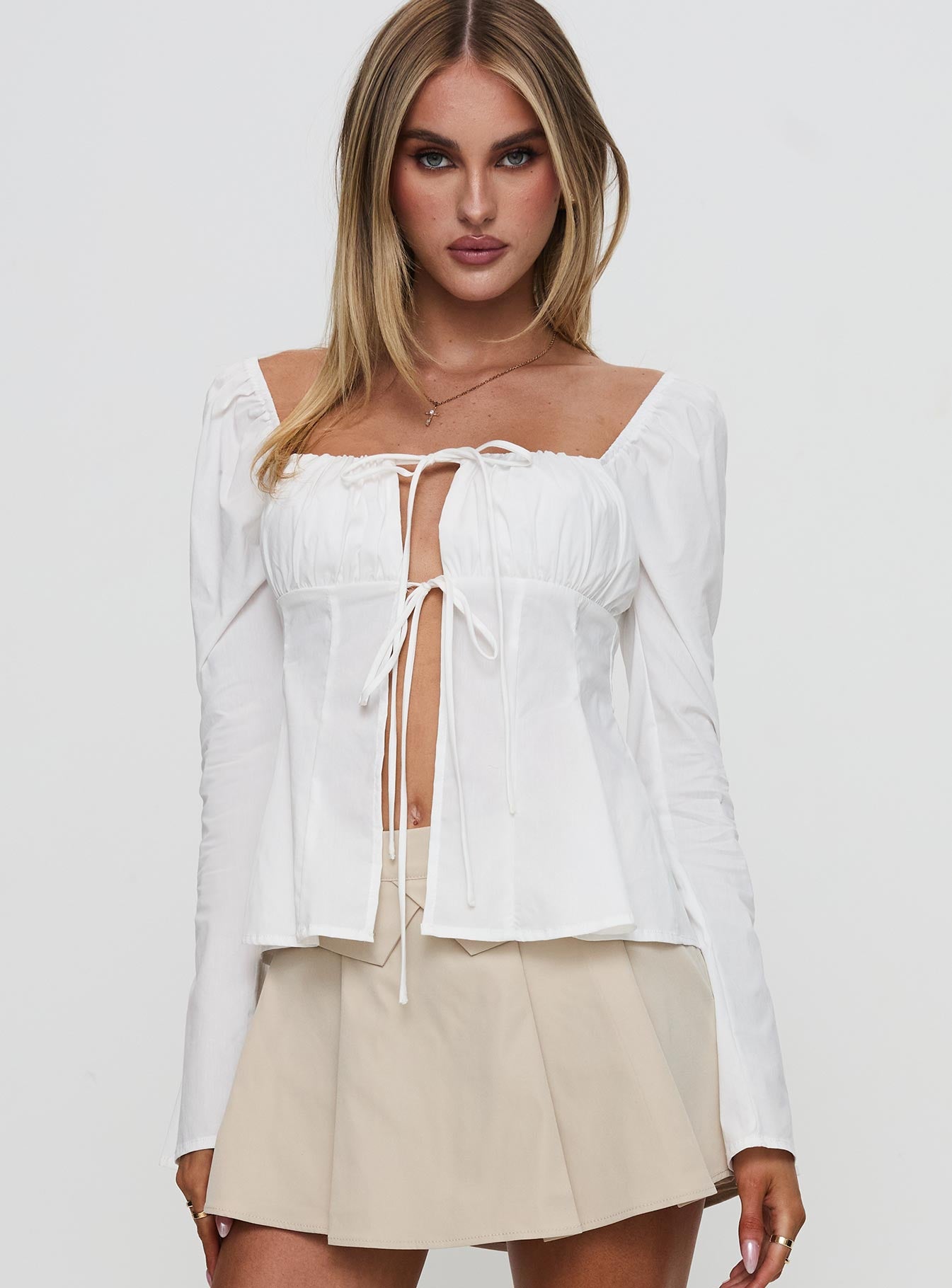 Lilibette Tie Up Long Sleeve Top White - Image 2