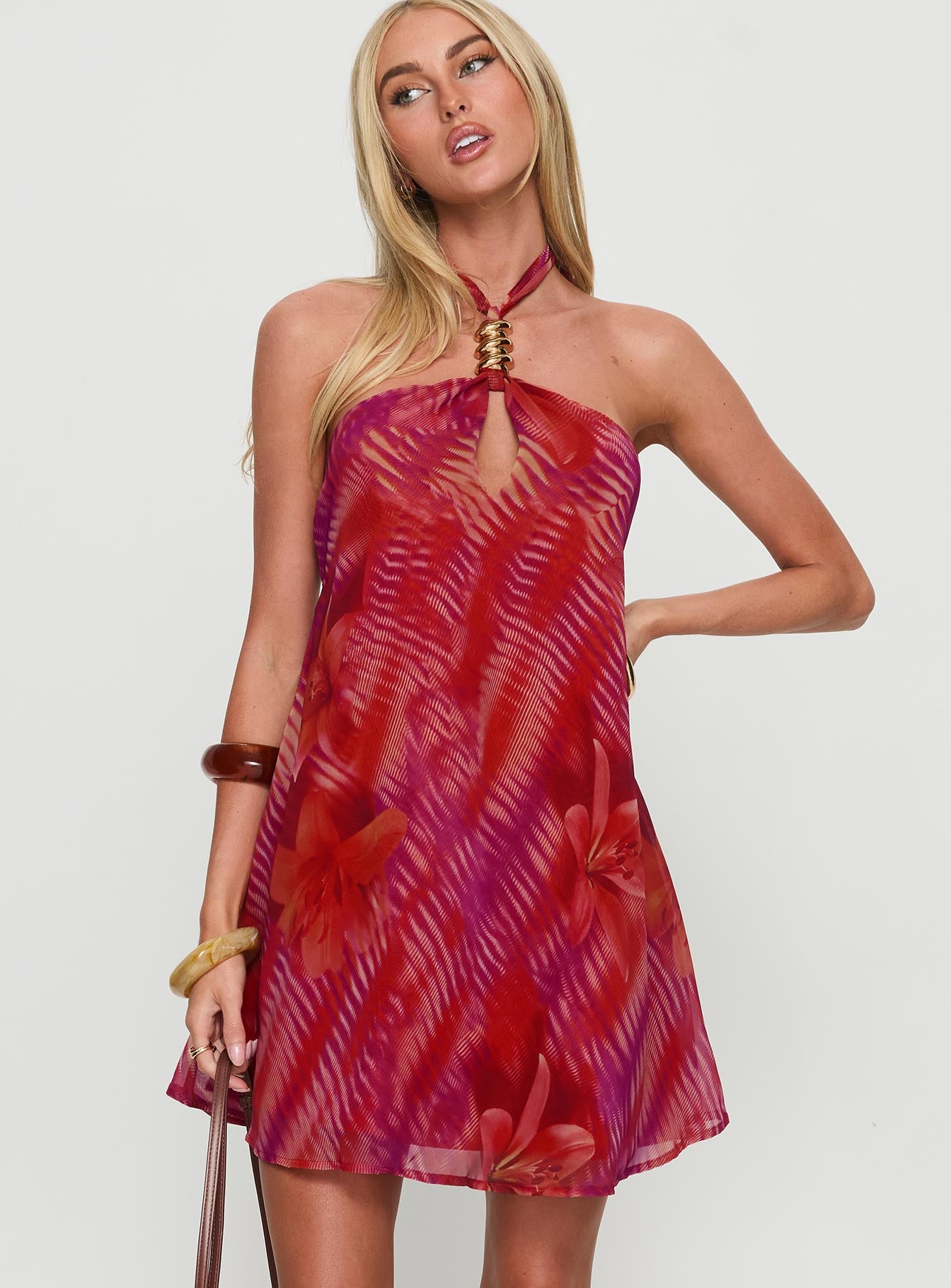 Magica Halter Keyhole Mini Dress Red Floral - Image 2