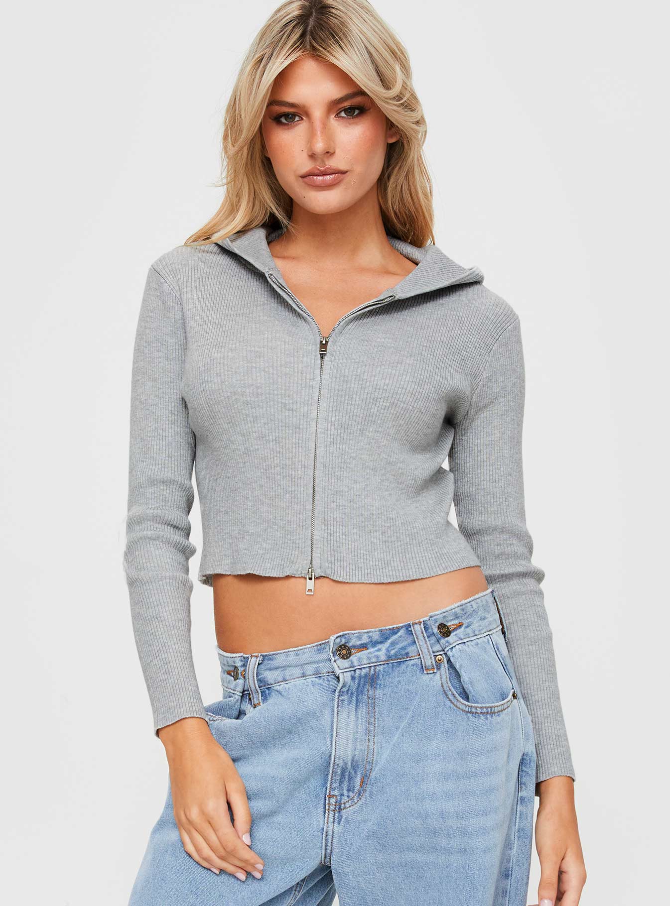 Cher Zip Up Knit Sweater Grey Marle - Image 2