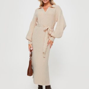 Oriel Long Sleeve Knit Maxi Dress Beige