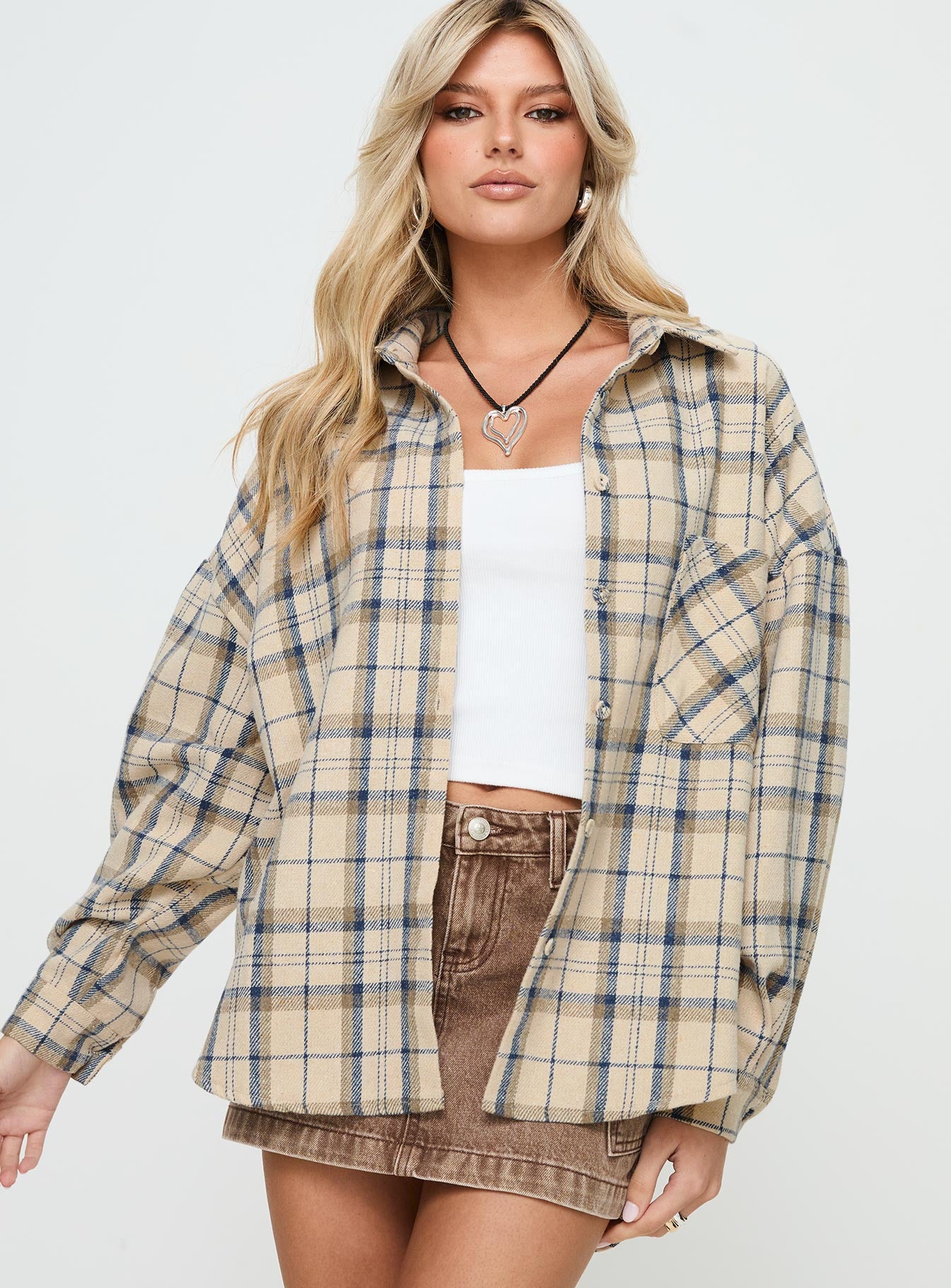Leylan Oversized Plaid Shacket Cream Plaid - Image 2
