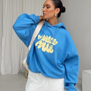 Princess Polly Hooded Sweatshirt Bubble Text Blue / Yellow