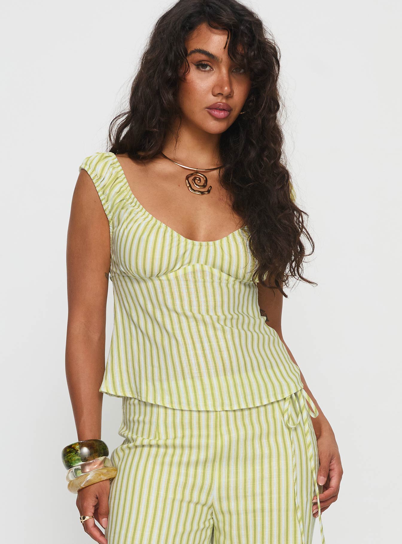 With Pleasure Puff Sleeve Linen Blouse Top Green / Blue Stripe - Image 2