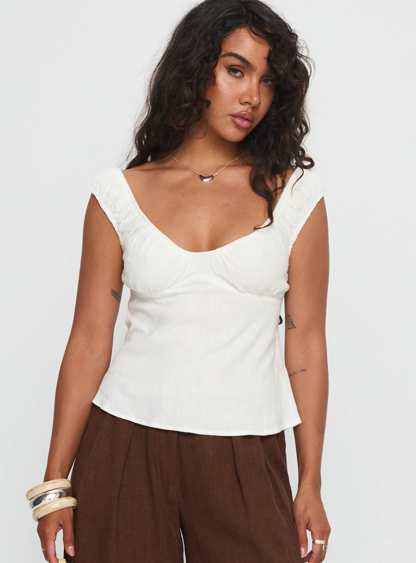 With Pleasure Puff Sleeve Linen Blouse Top White - Image 2