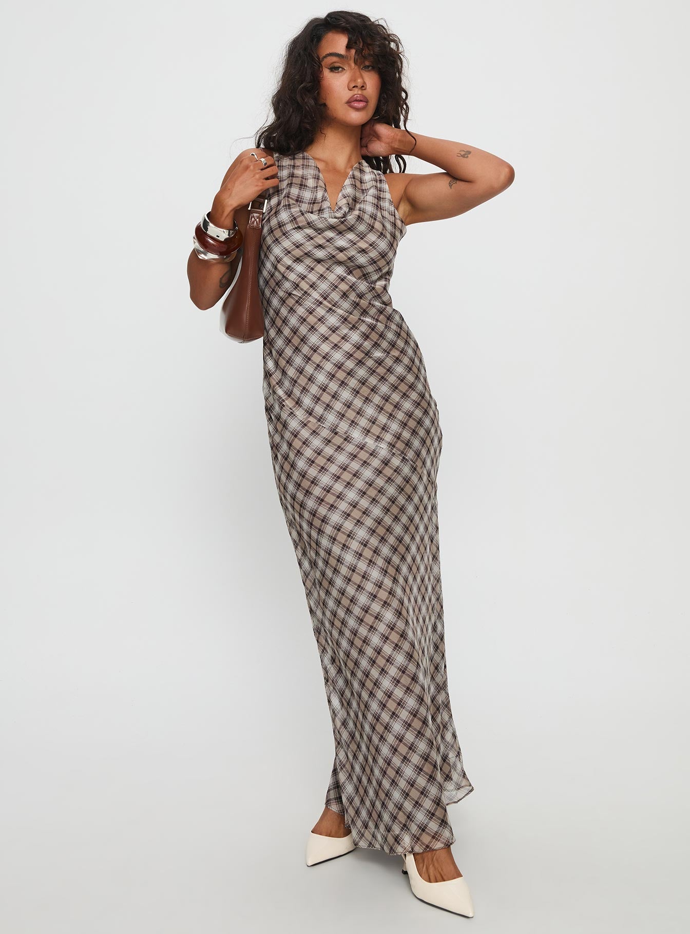 Veida Cowl Neck Maxi Dress Brown Check - Image 2