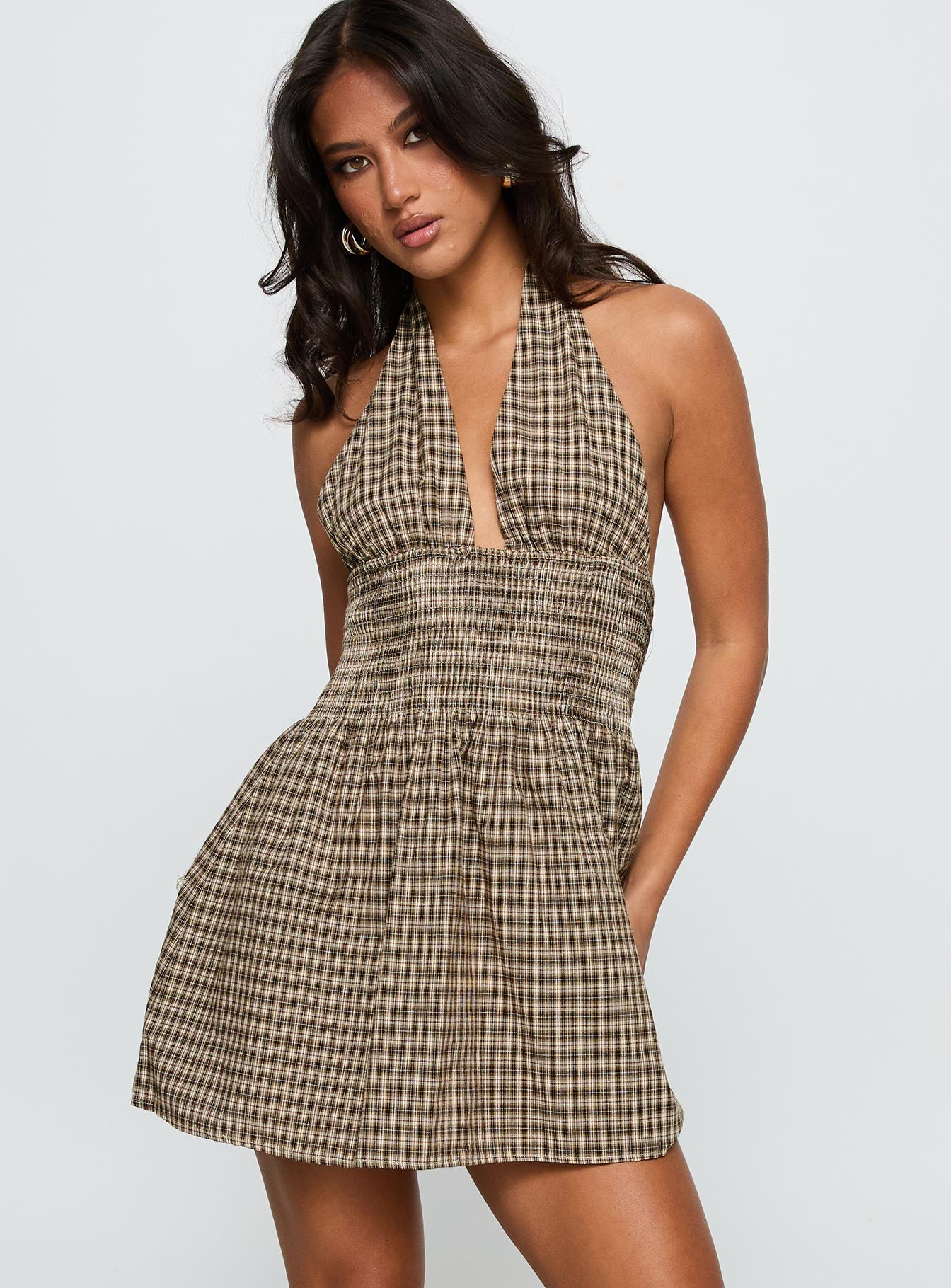 Juanette Halter Mini Dress Brown Check - Image 2
