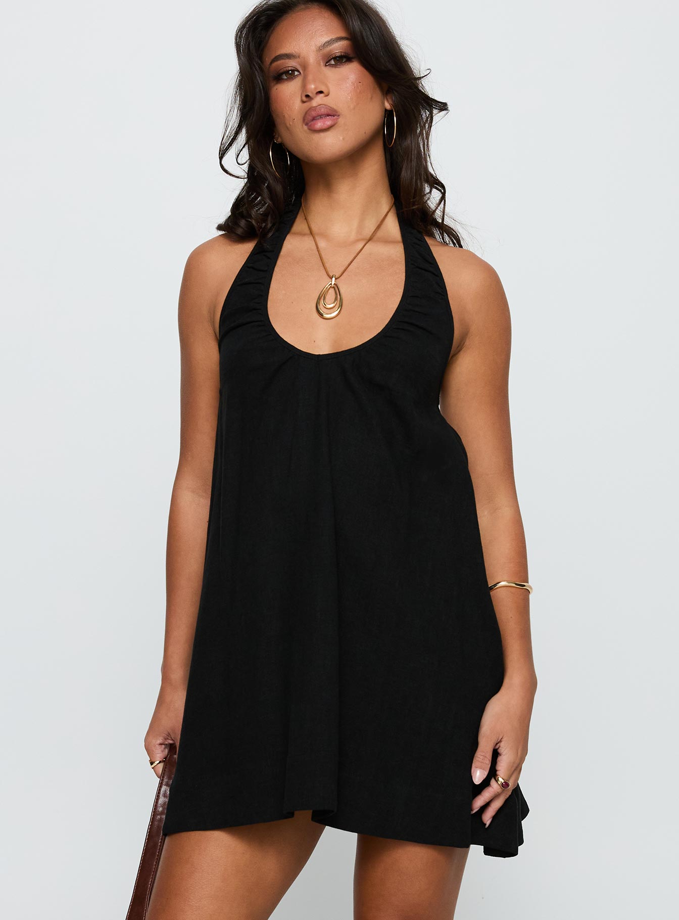 Daydreams Linen Blend Halter Mini Dress Black - Image 2