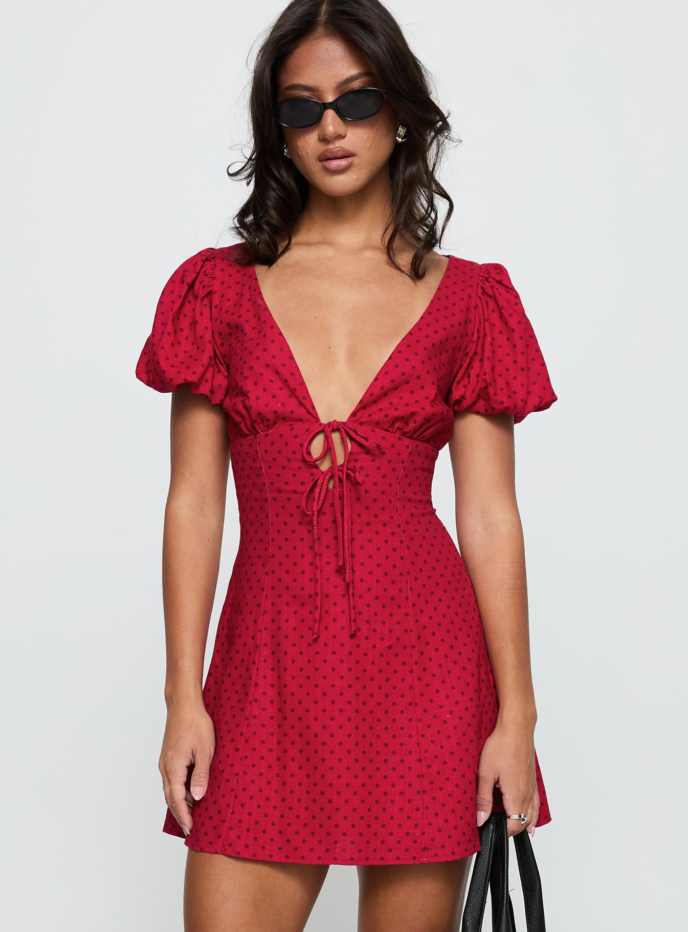Beloved Puff Sleeve Linen Blend Mini Dress Red Polka - Image 2