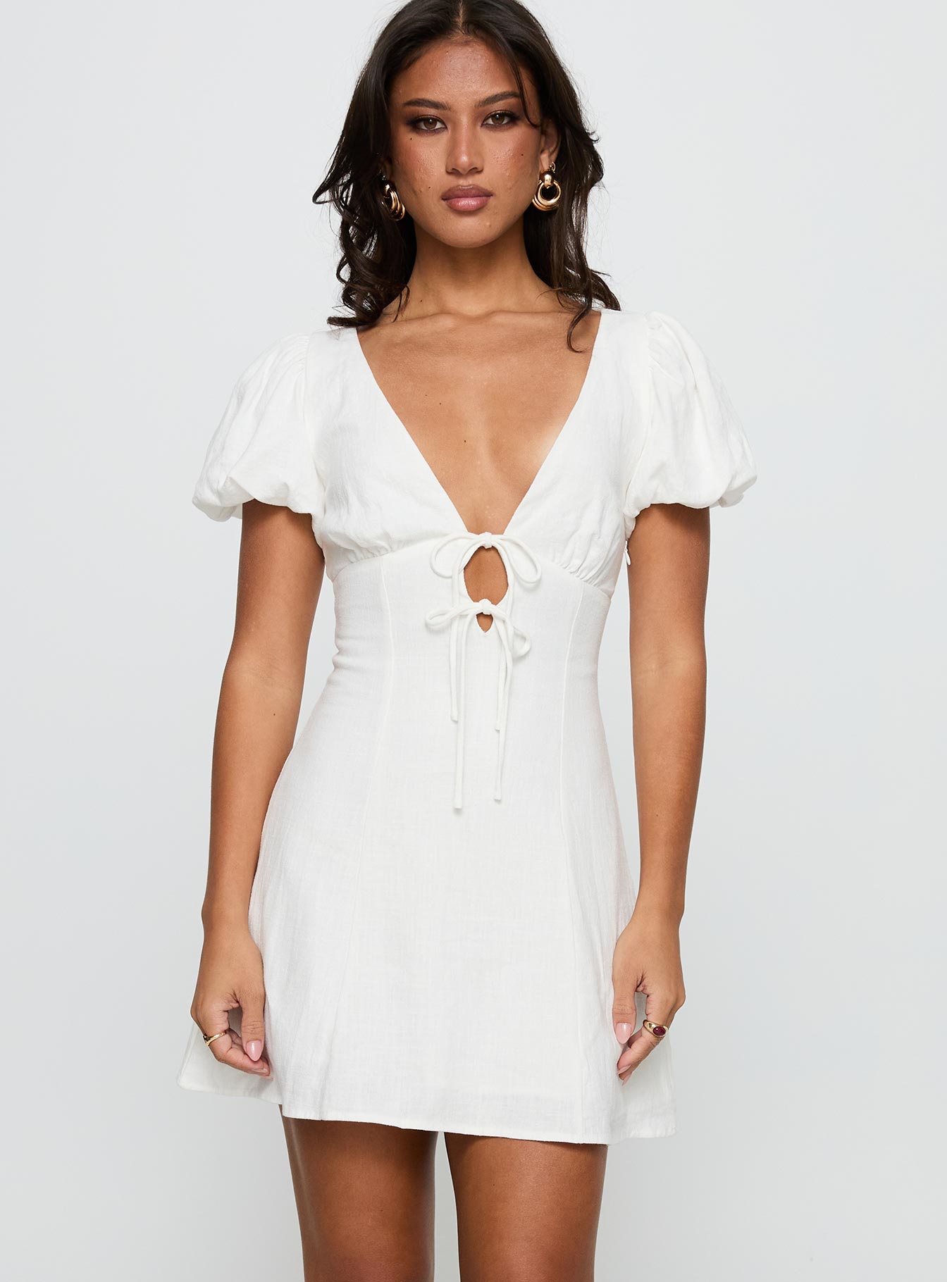 Beloved Puff Sleeve Linen Blend Mini Dress White - Image 2