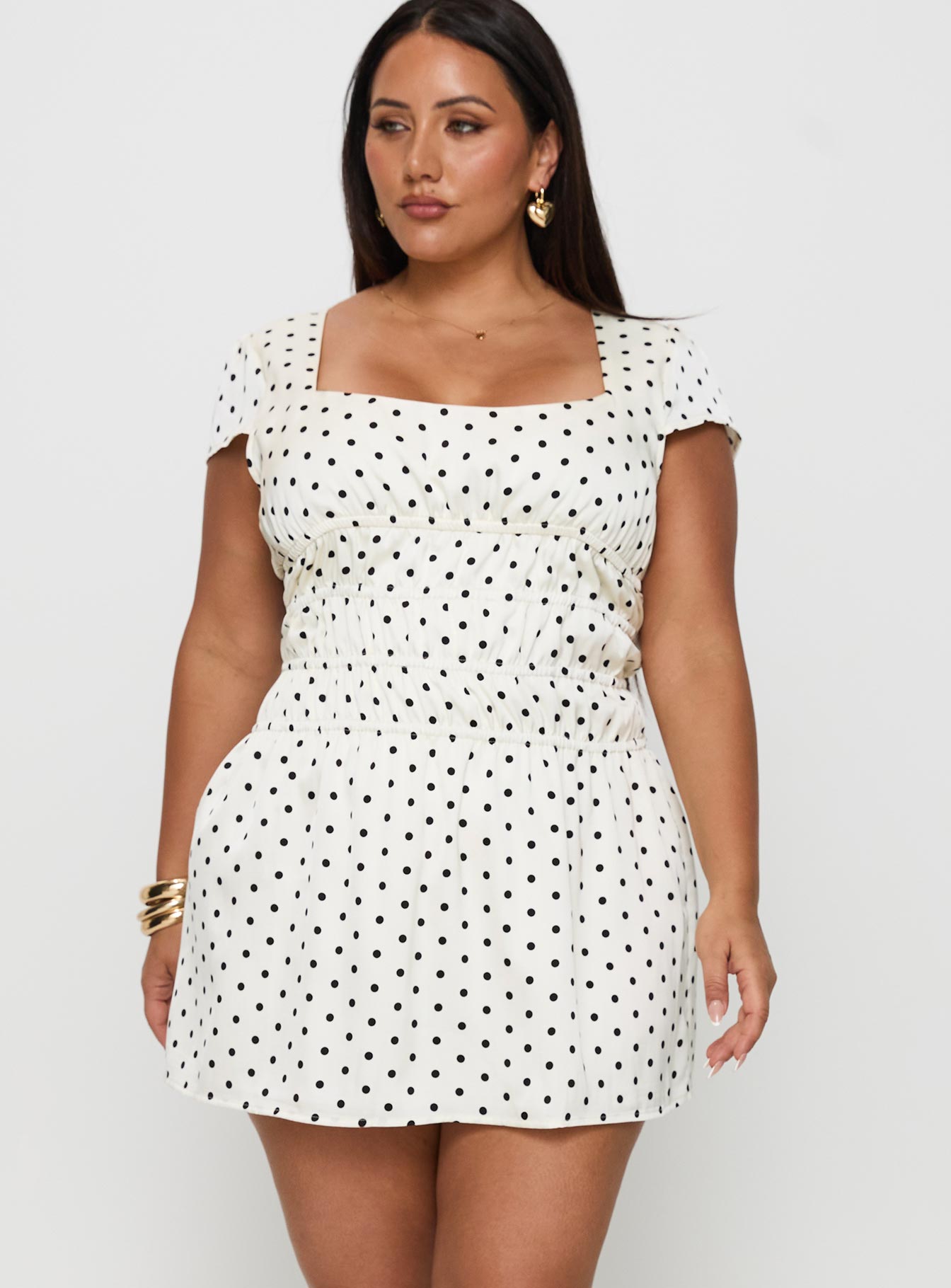 Evangelie Ruched Mini Dress White Polka Curve - Image 2