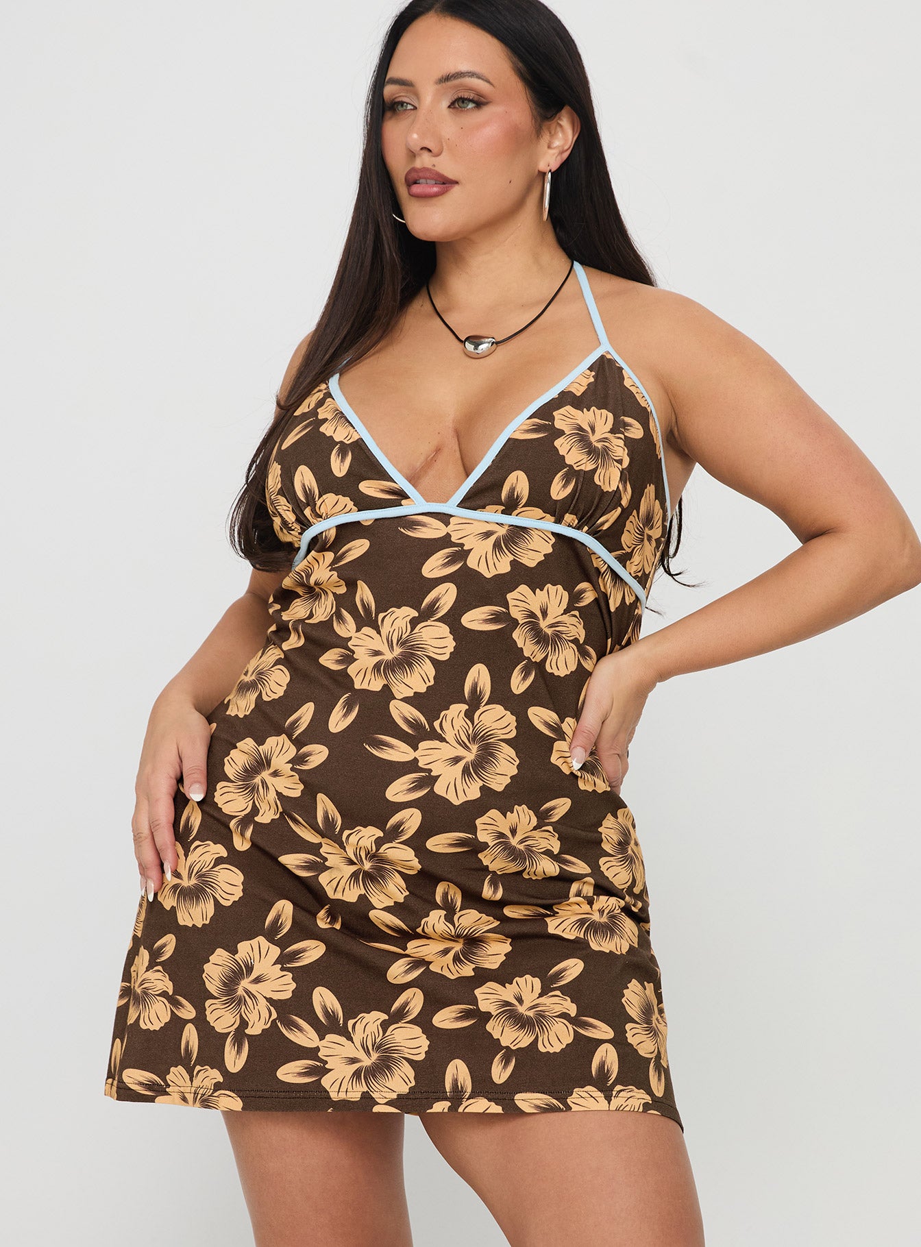 Mishie Halter Mini Dress Brown / Blue Floral Curve - Image 2