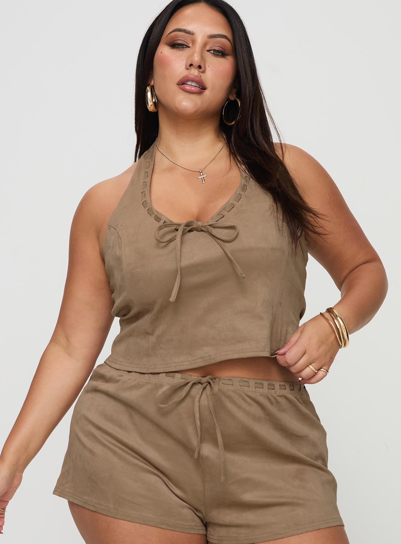 Eternal Youth Faux Suede Top Taupe Curve - Image 2