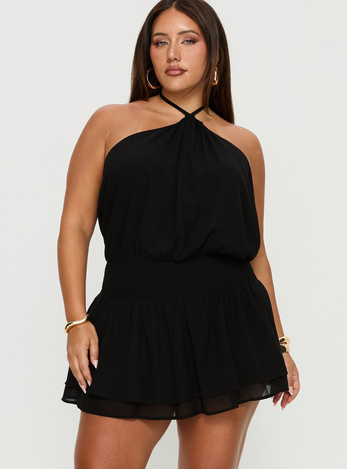 Khamira Halter Shirred Mini Dress Black Curve - Image 2