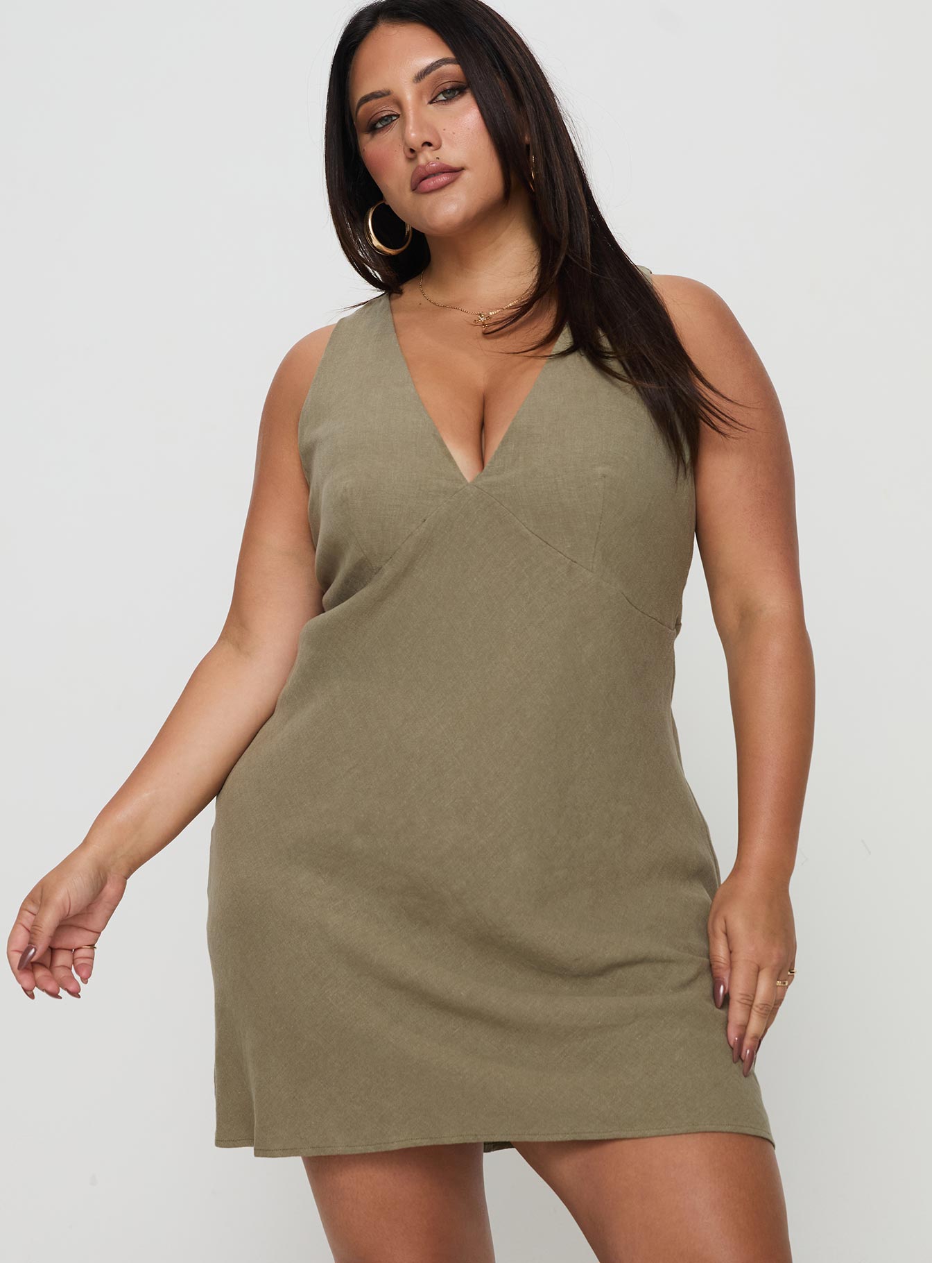 Portillo Linen Blend Mini Dress Olive Curve - Image 2
