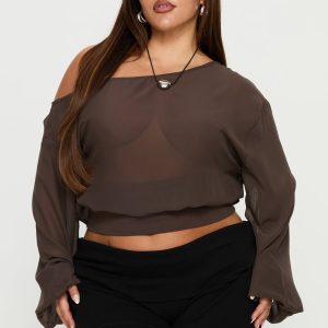 Idalina Slouchy Chiffon Top Brown Curve