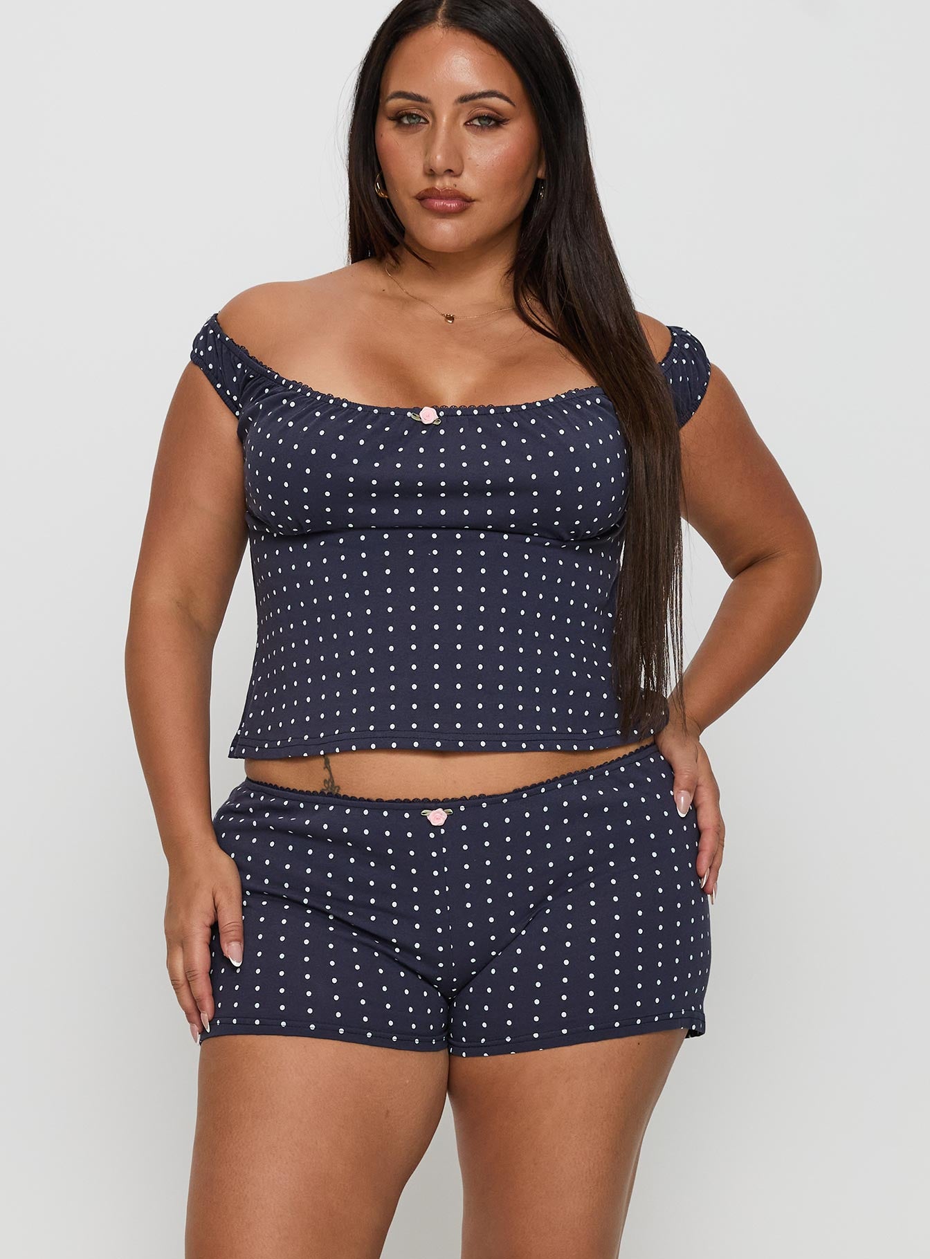 Drift Away Off The Shoulder Sleep Set Navy Dot Curve - Image 2