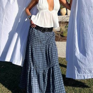 Rockwell Tiered Midi Skirt Navy Check