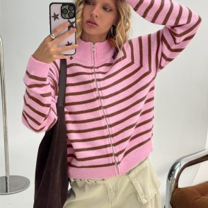 Kaylei Zip Through Cardigan Pink Stripe
