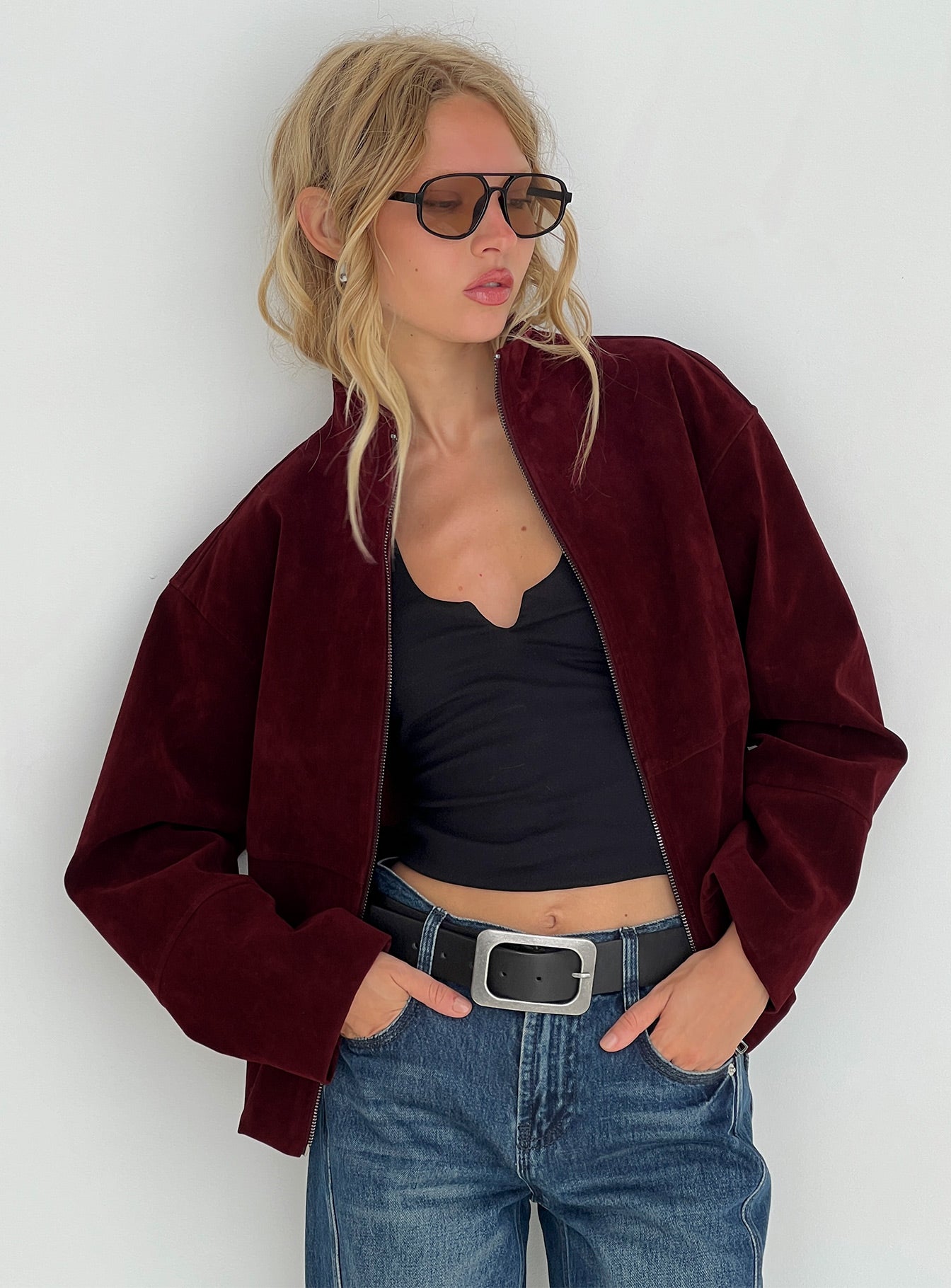 Jessalynn Faux Suede Zip Through Jacket Burgundy - Image 8