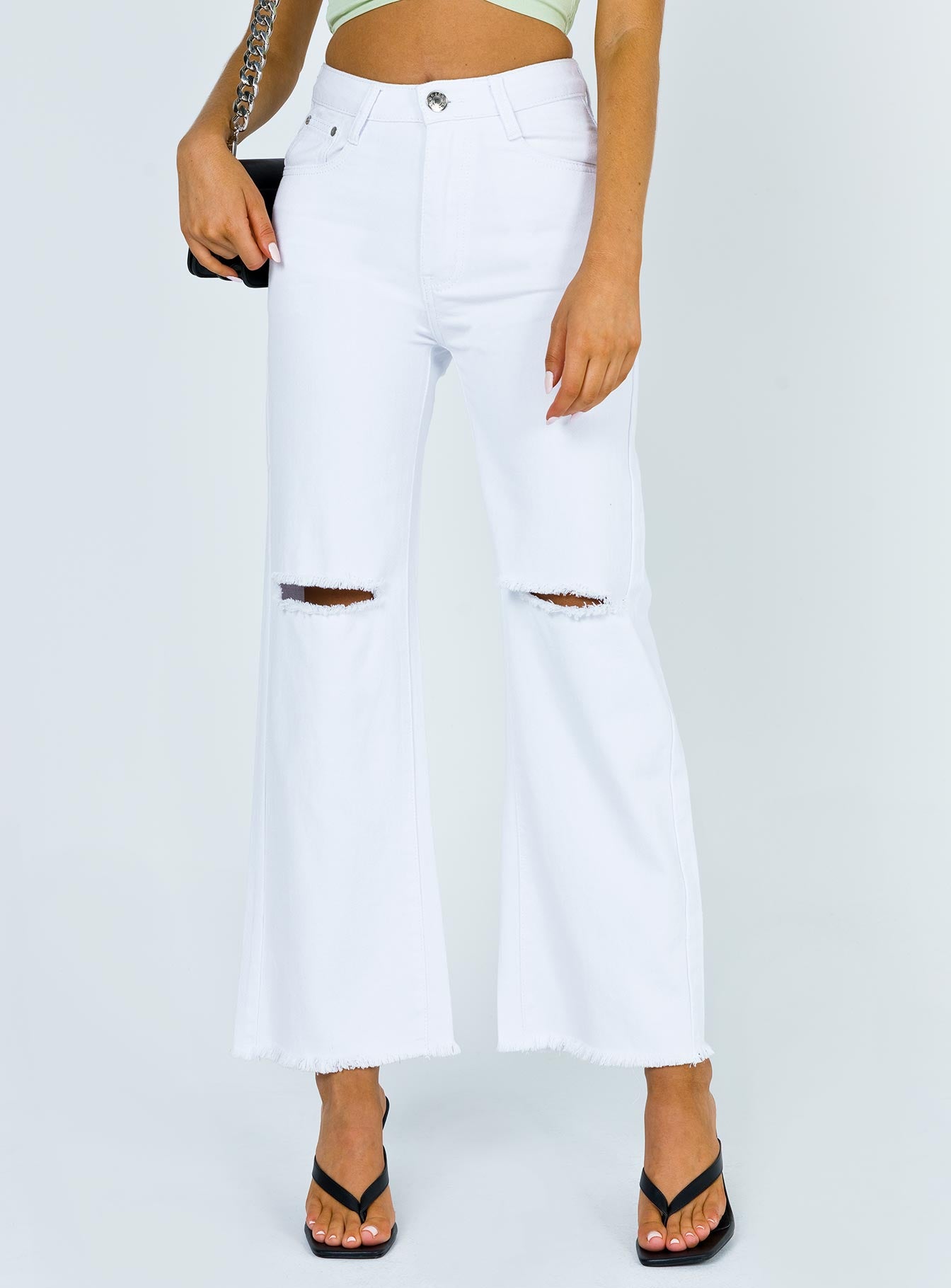 Cece Hammer Wide Leg Knee Rip Jeans White Denim - Image 2
