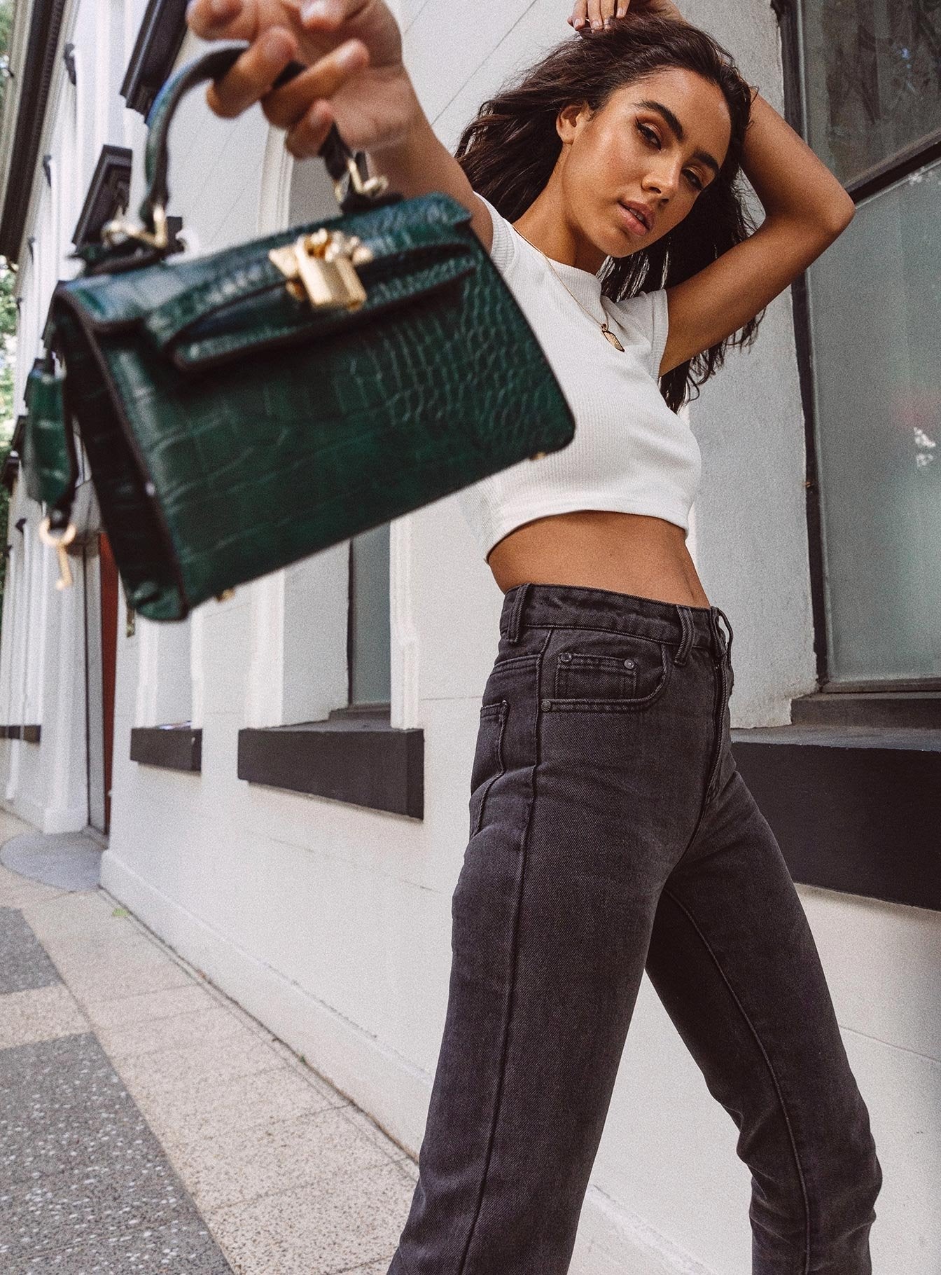 Peta & Jain Hedi Mini Top Handle Bag Green Croc - Image 10