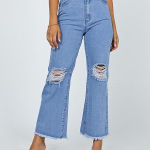 Cece Hammer Wide Leg Knee Rip Jeans Mid Wash Denim