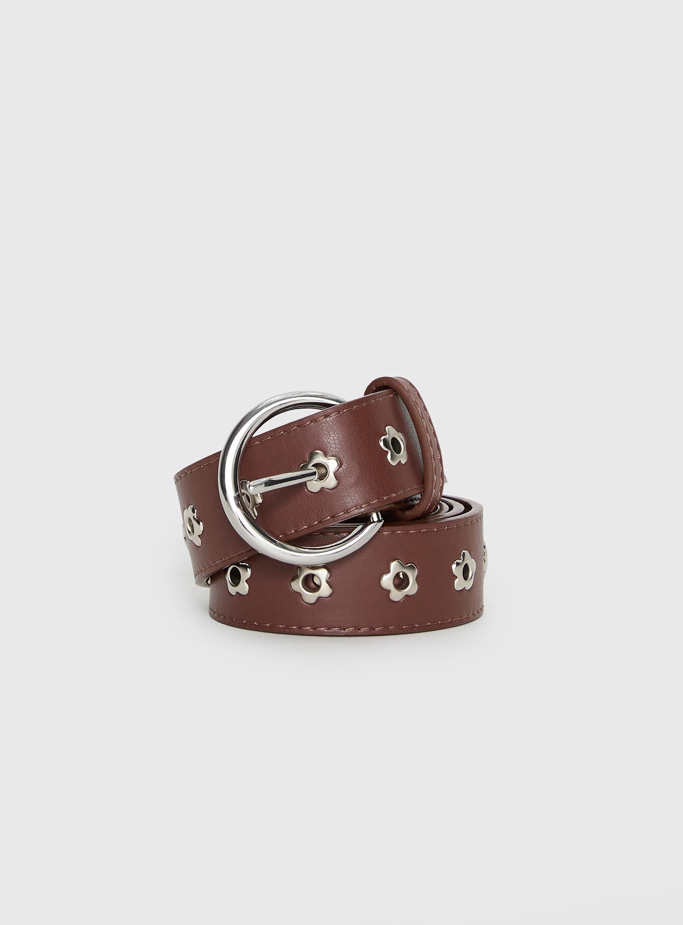Alstro Faux Leather Flower Studded Belt Brown / Silver - Image 2