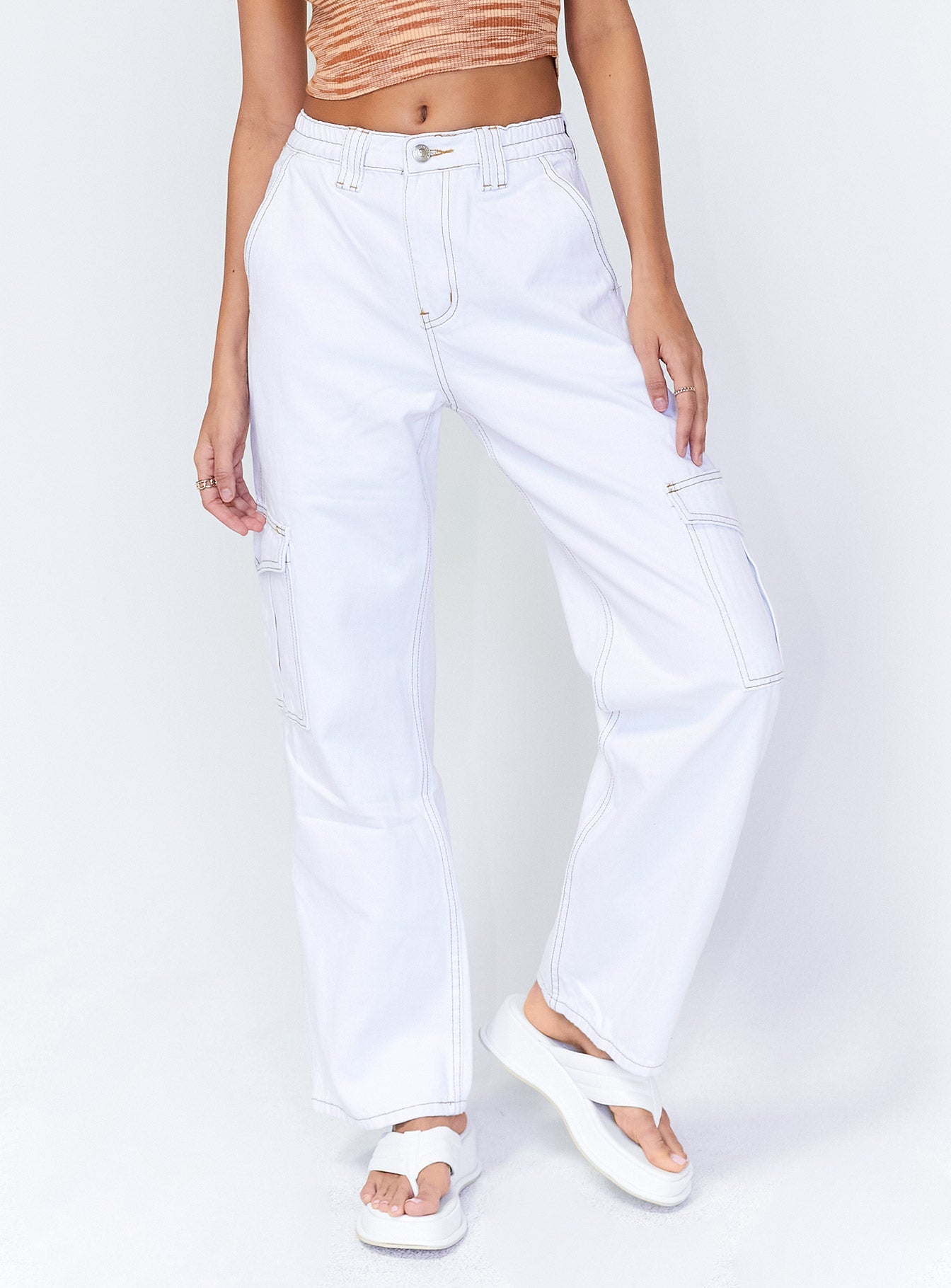 Utility High Rise Straight Leg Cargo Denim Jeans White - Image 2