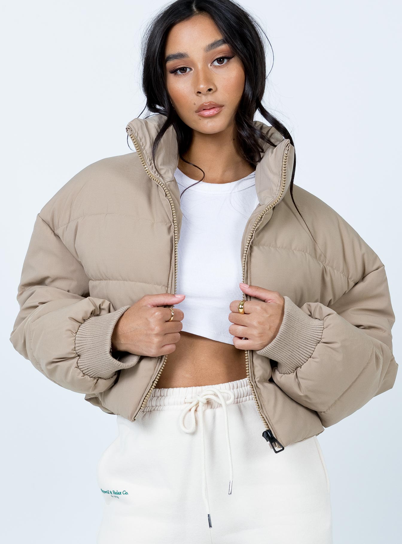 Georgia Cropped Puffer Jacket Beige - Image 3