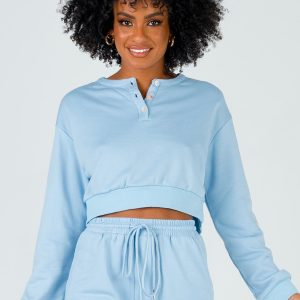 Rise & Lounge Cropped Henley Sweatshirt Blue