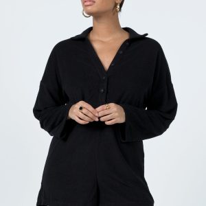 Kegan Long Sleeve Terry Romper Black