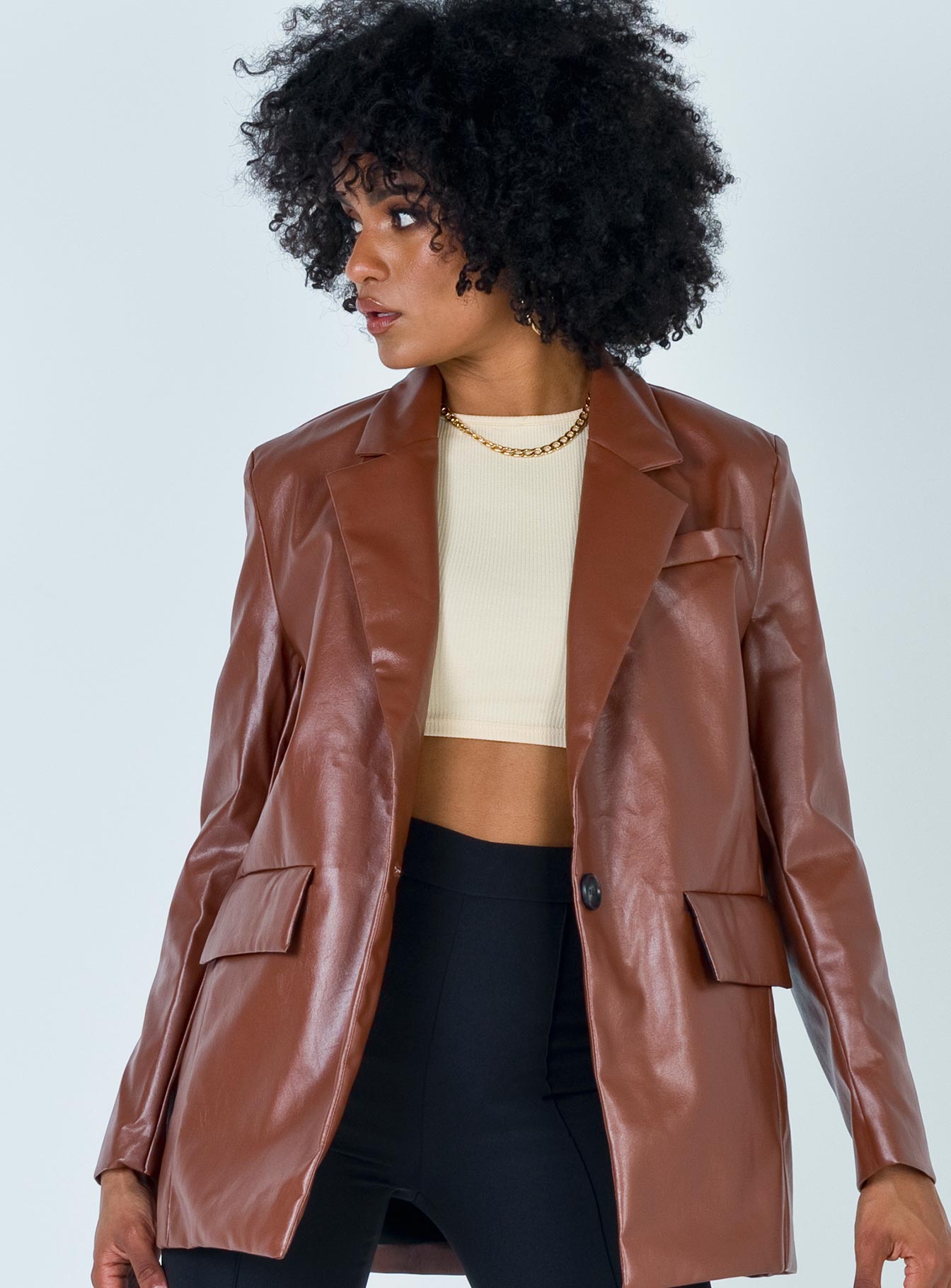 Jocelyn Faux Leather Blazer Brown - Image 6