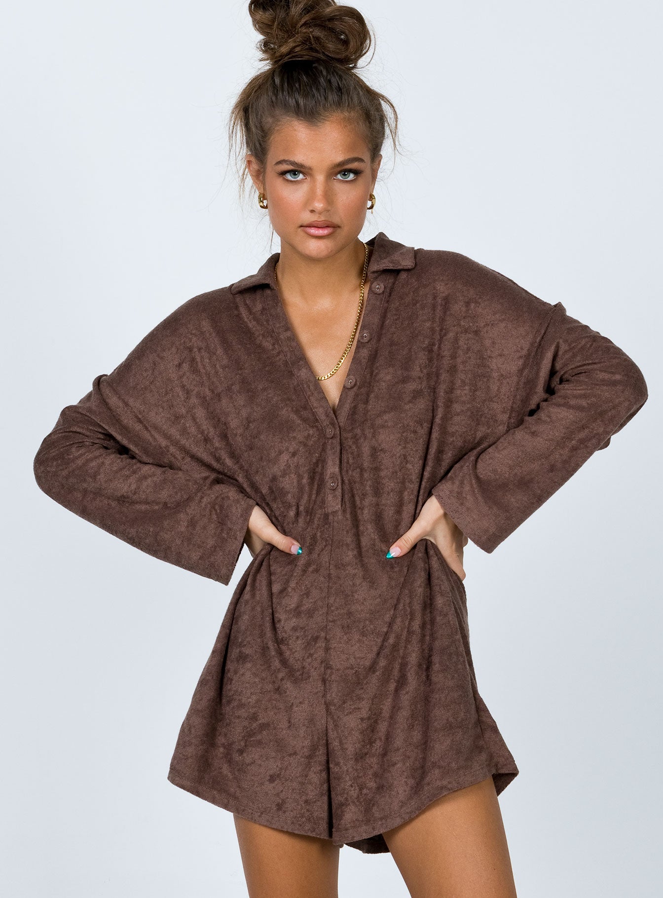 Kegan Long Sleeve Romper Camel - Image 3