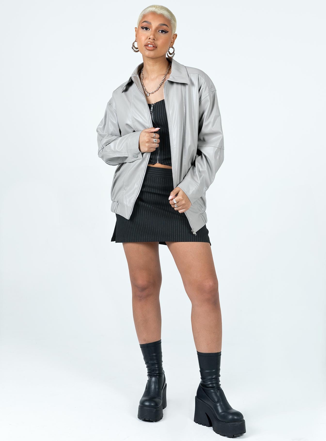 Braelynn Faux Leather Bomber Jacket Grey - Image 3