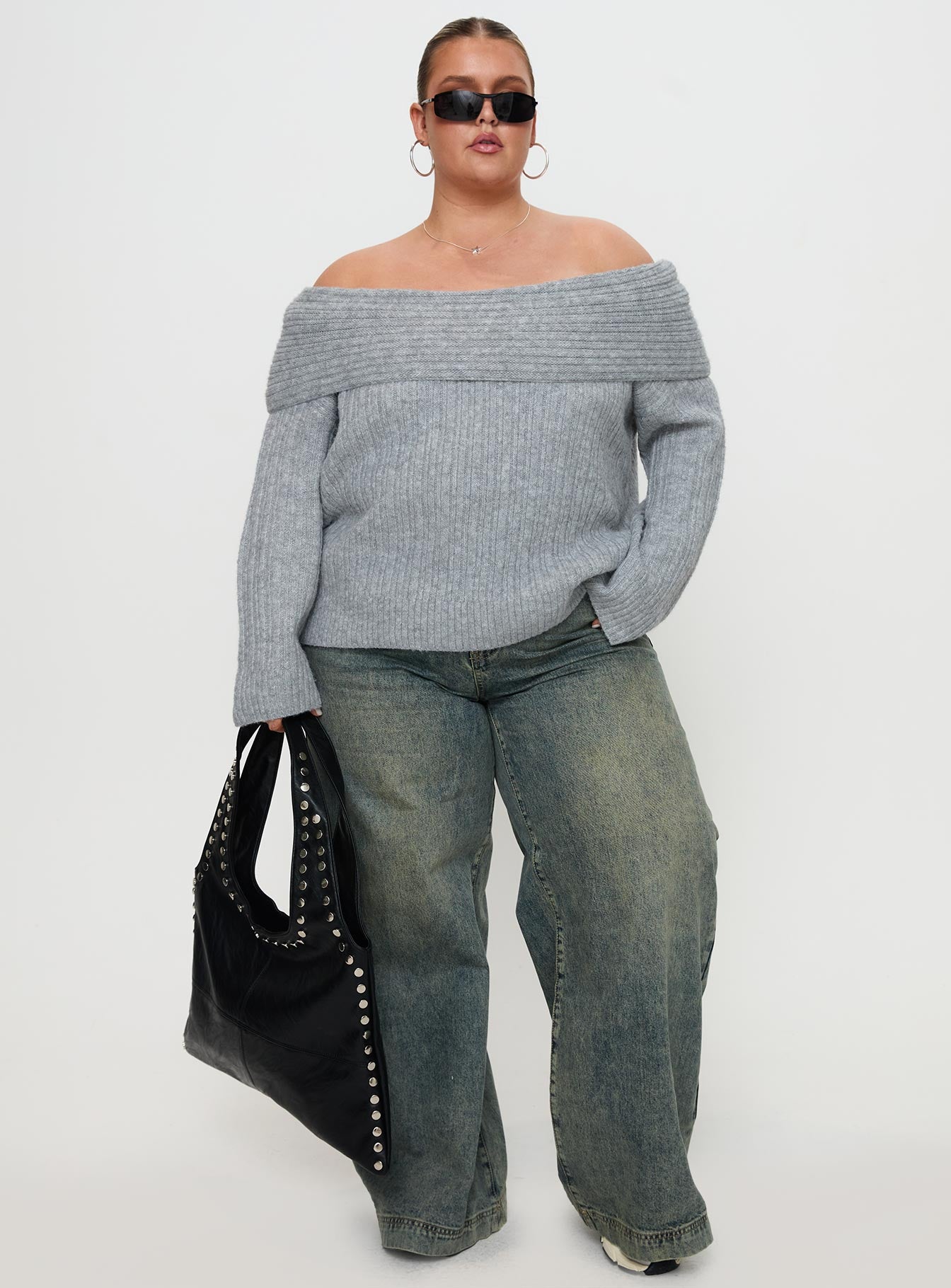 Snowie Off Shoulder Knit Sweater Grey Curve - Image 2