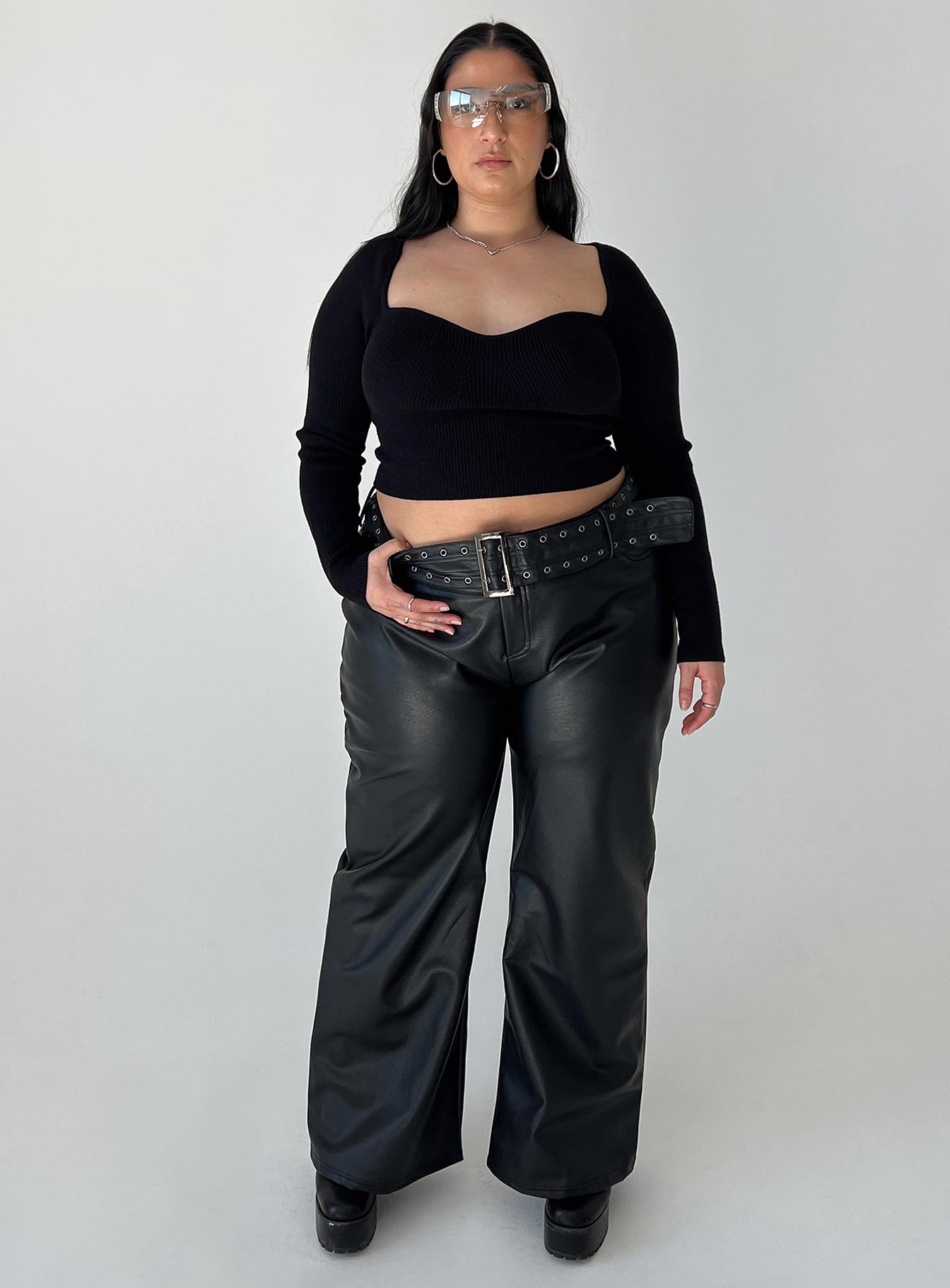 Torridon Eyelet Belt Faux Leather Pants Black Curve - Image 3