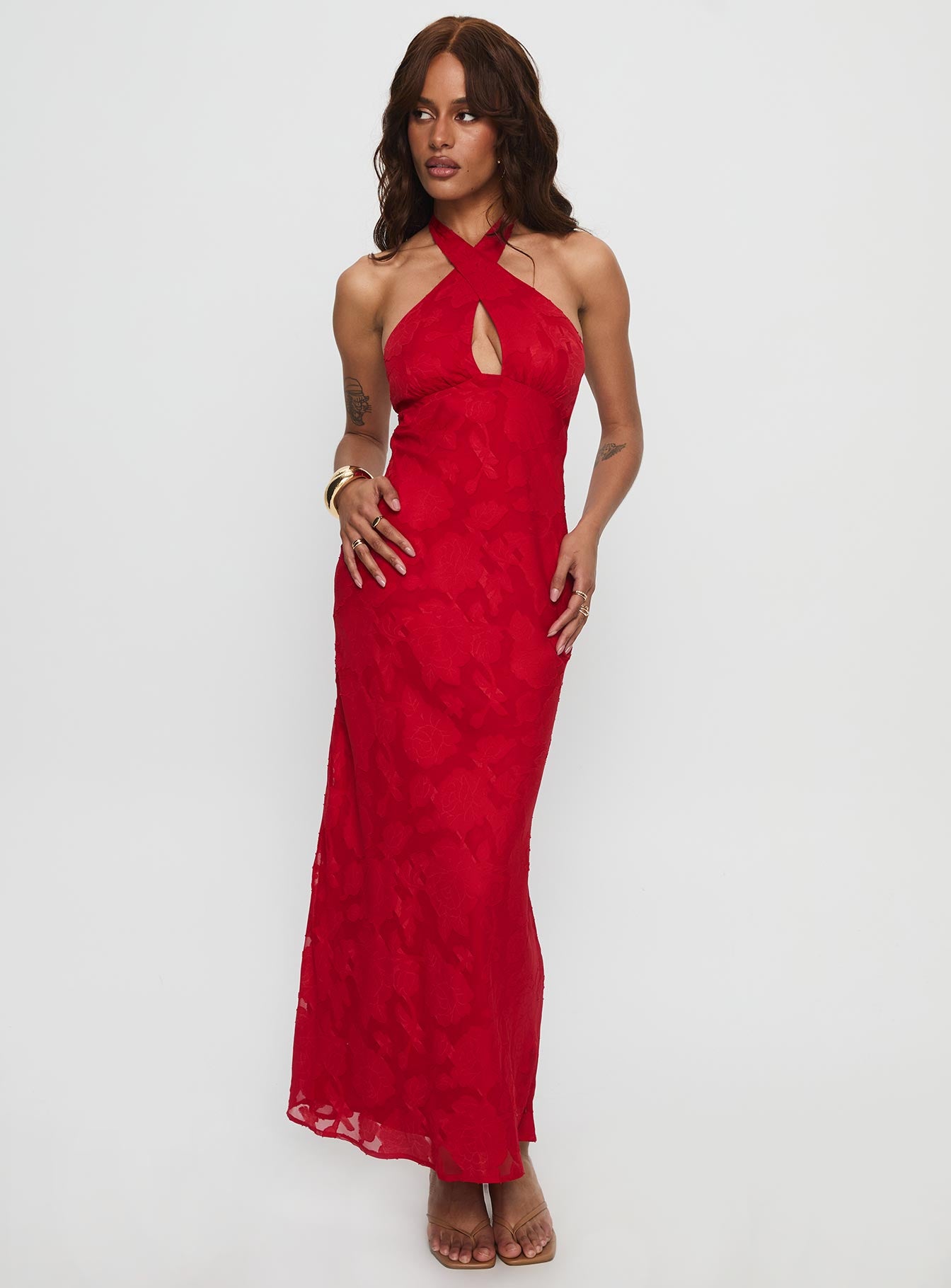 Ending Credits Halter Twist Maxi Dress Red Burnout - Image 2