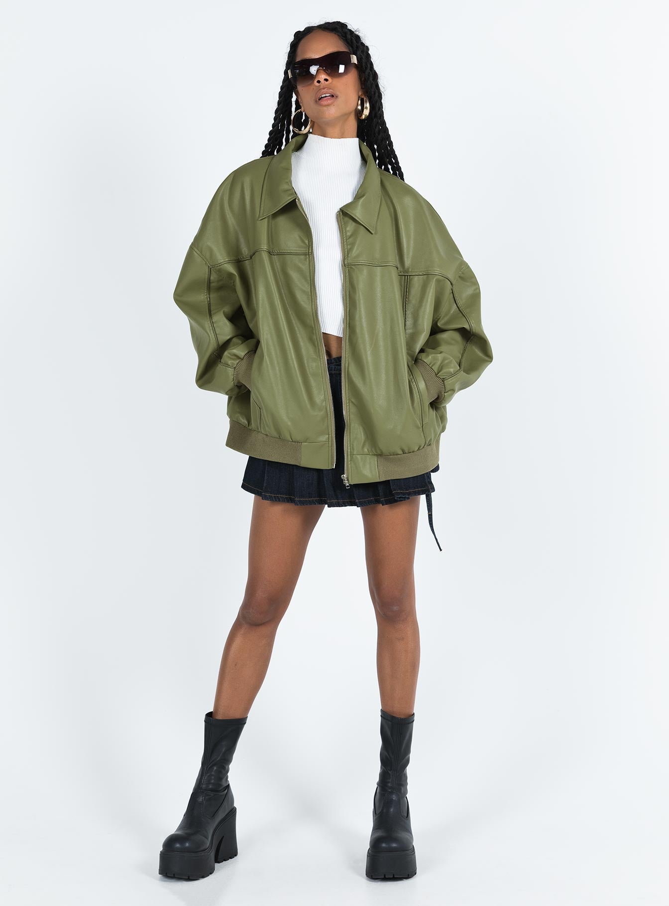 Goldsmith Faux Leather Bomber Jacket Green - Image 3