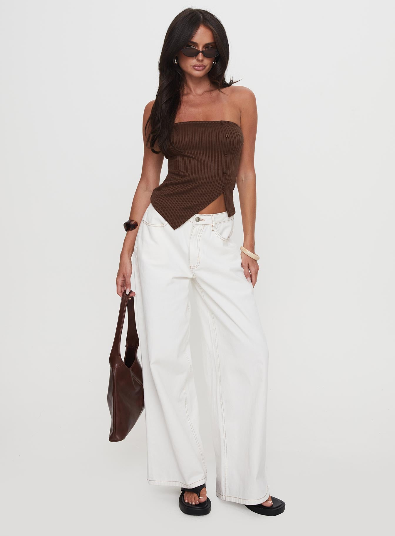 Slow Down Time Strapless Button Detail Top Chocolate - Image 2