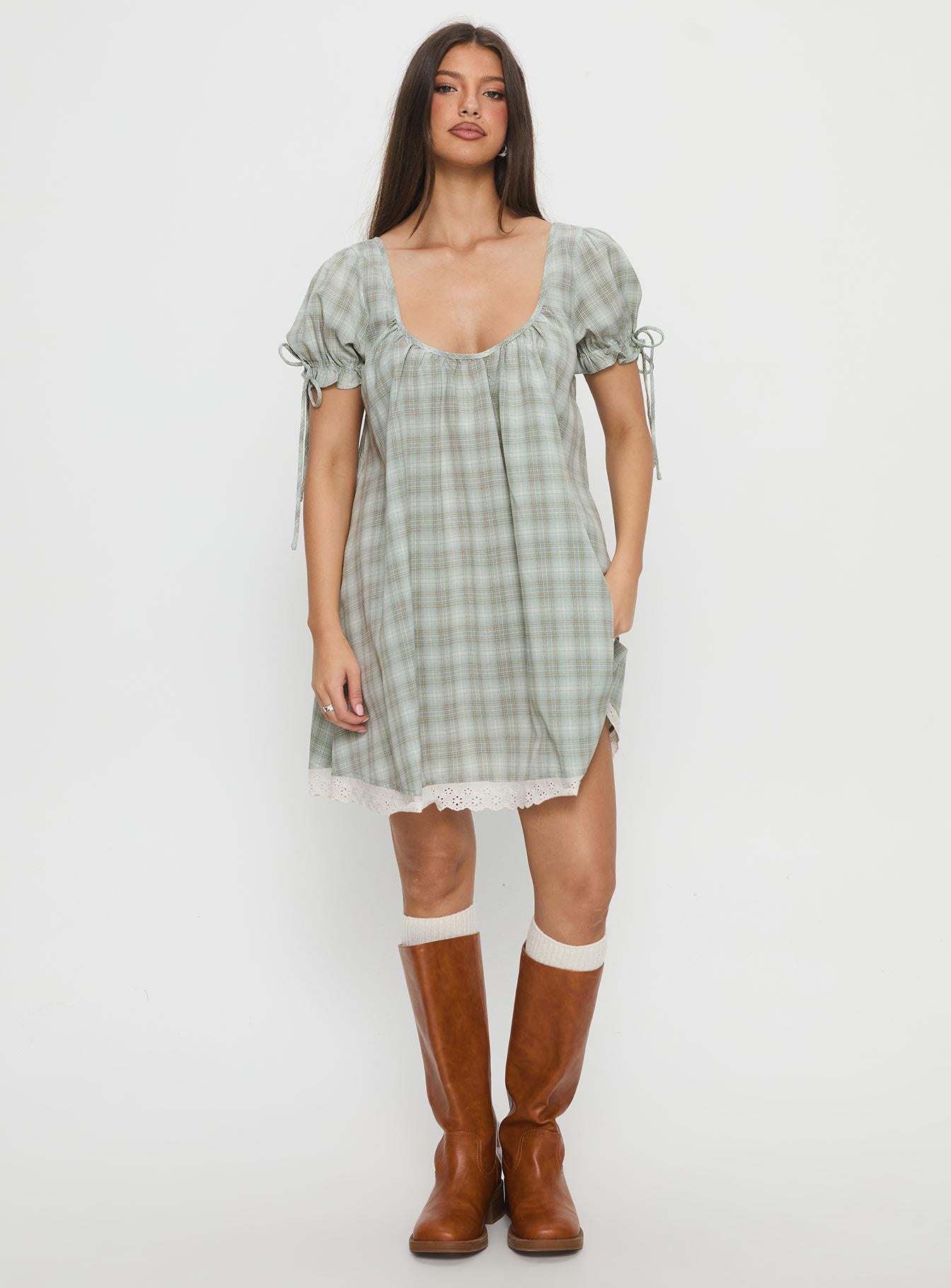 Embracing Puff Sleeve Swing Mini Dress Blue Check - Image 3