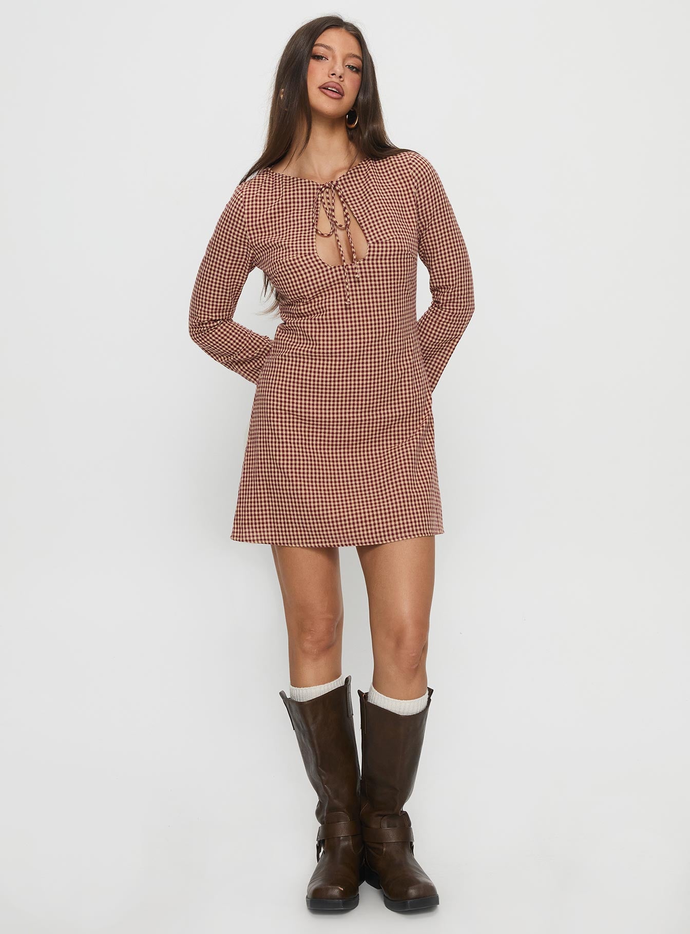 Kassidee Keyhole Long Sleeve Mini Dress Red Check - Image 3