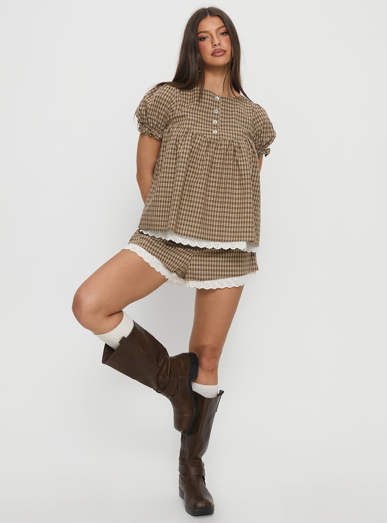 Chandelier Babydoll Top Brown Check - Image 3