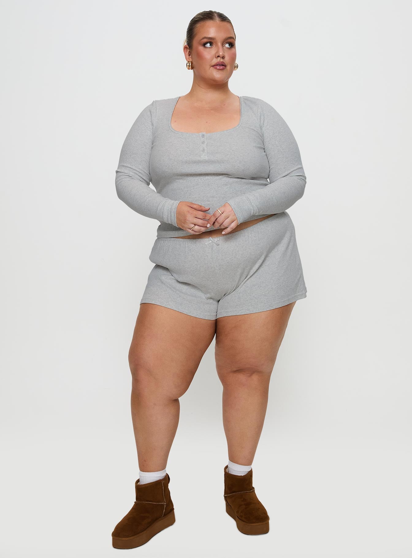 Sleepytea Rib Sleep Long Sleeve Top Grey Curve - Image 3