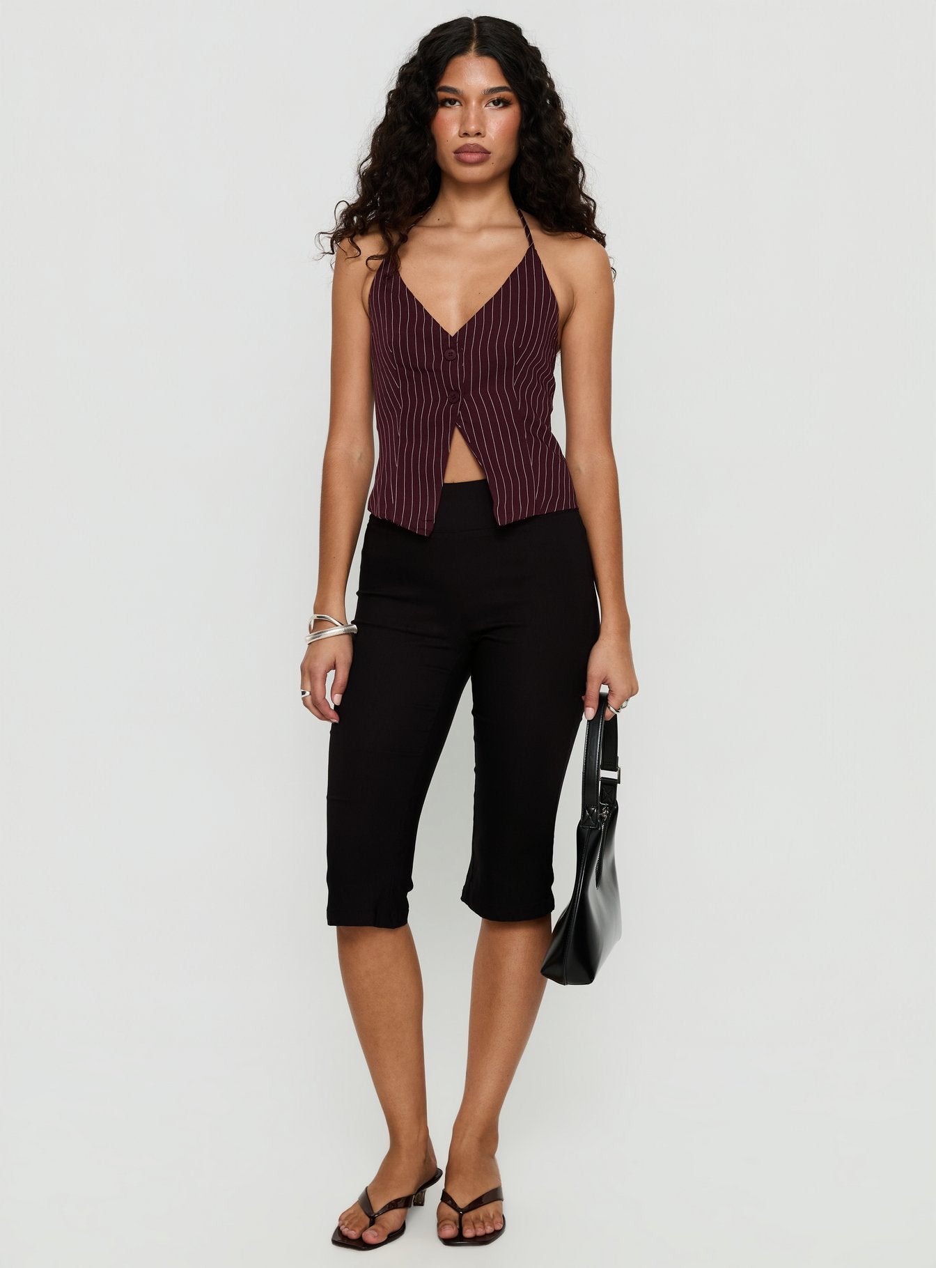 No Sleep Halter Top Burgundy Pinstripe - Image 2