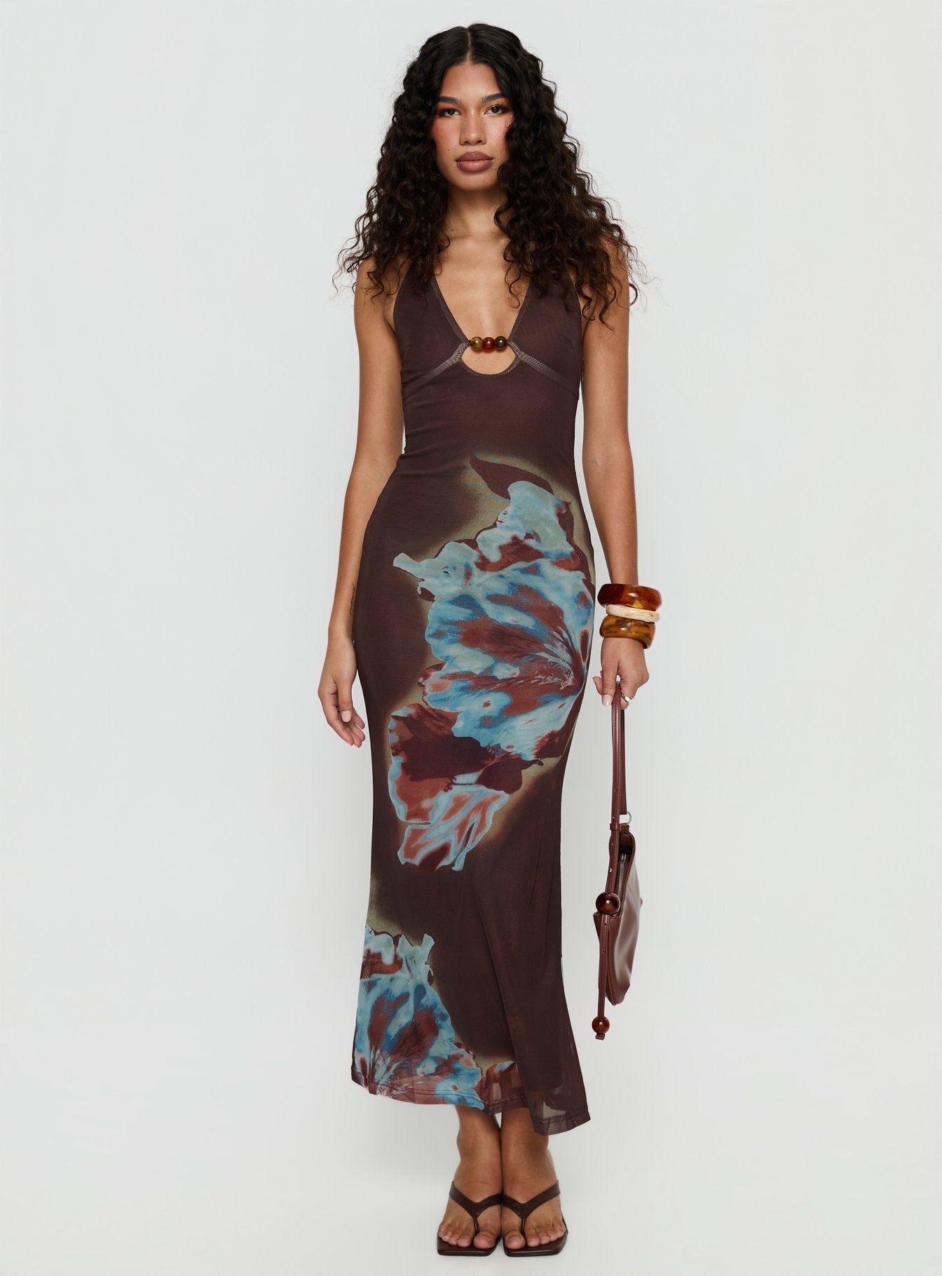 Maritsa Halter Beaded Maxi Dress Brown Floral - Image 3