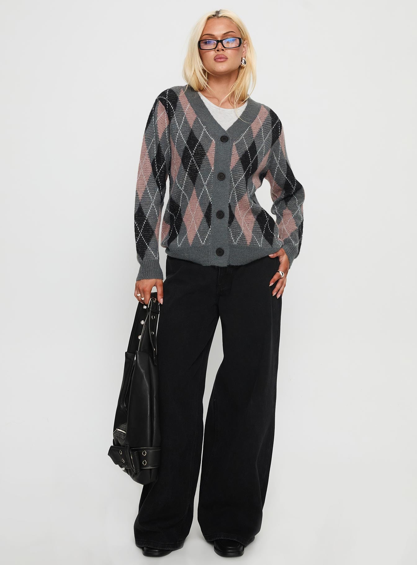 Zeeva Button Through Knit Cardigan Grey Argyle - Image 3